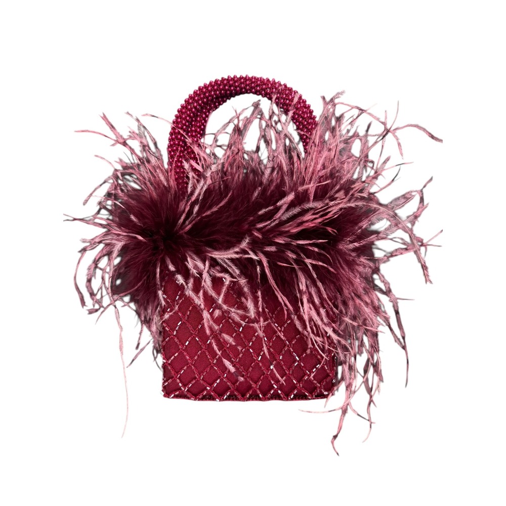 Cadari London NEW Burgundy Red Feather Beaded Satin Evening Bag